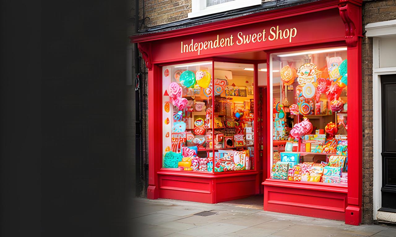 Varley & Vickers Treats shopfront on Flora Street in Wigan with colourful confectionery displays in the window