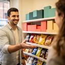Isidro Goringe greeting a customer beside a neatly arranged snack display at Flora Street