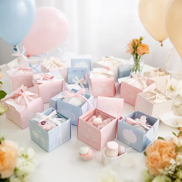Baby shower sweet favours in soft pink and blue boxes on a decorated table