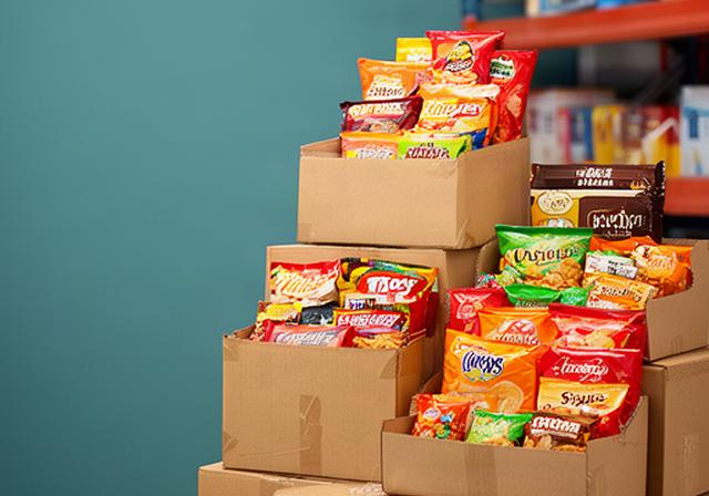 Stacked cartons of crisps, wrapped sweets and chocolate bars prepared for a Wigan business delivery