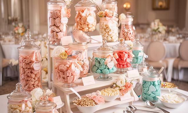 Wedding sweet cart decorated in coordinated colours beside jars of treats for 120 guests