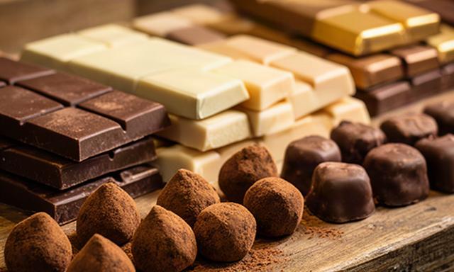 Wrapped chocolate bars and handmade-looking truffles displayed on a wooden counter