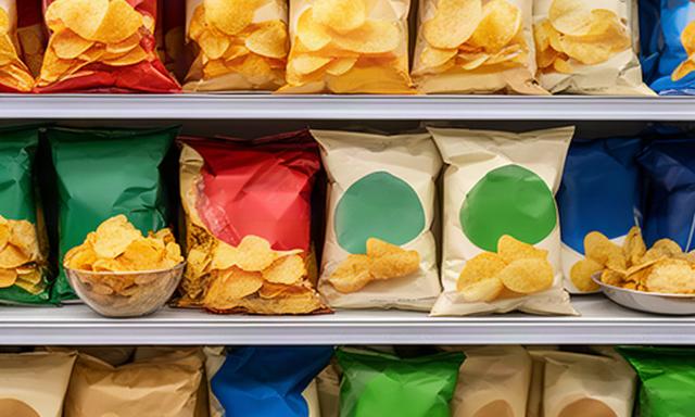 Crisp packets and savoury snack bags arranged in a neat retail display