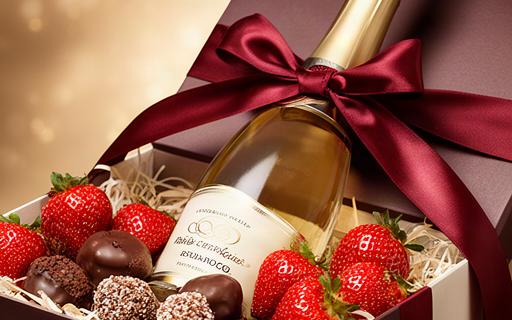 Romantic hamper with strawberry chocolates, sparkling drink and ribboned gift packaging