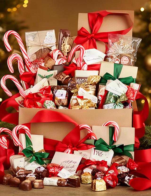 Christmas sweet hamper display with candy canes, chocolate treats and red ribbon