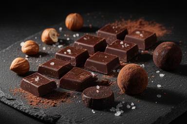 Dark chocolate squares and truffles arranged on a slate serving board