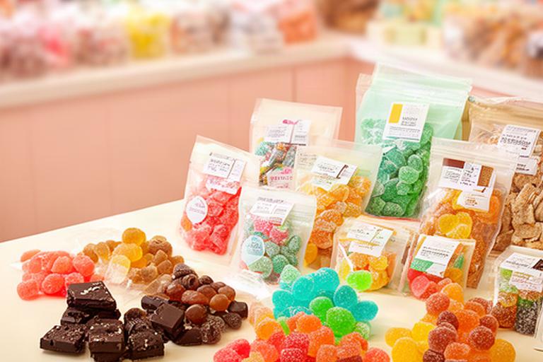 Clearly labelled sweets and snack packs arranged on a counter in a bright Wigan sweet shop