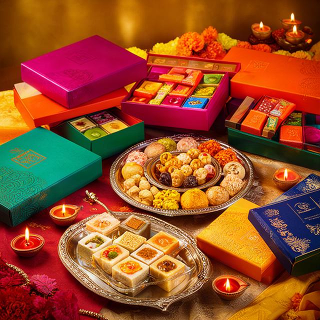 Diwali celebration table with colourful mithai boxes and sharing trays
