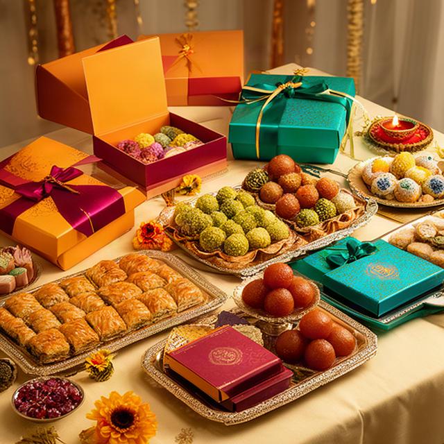 Colourful Eid and Diwali mithai gift boxes arranged on a decorated sharing table