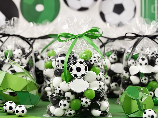 Football-themed party bags filled with black, white, and green sweets