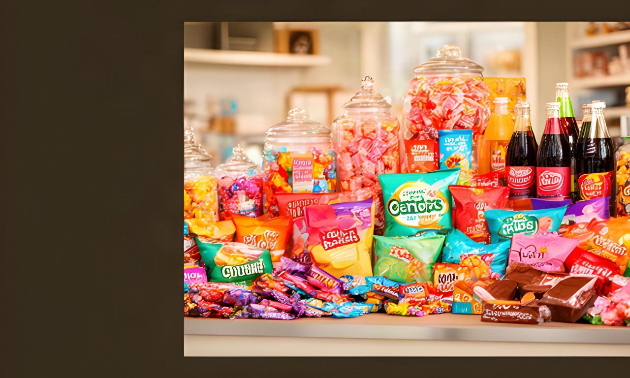 Colourful international sweets, imported crisps and retro treats arranged on a shop counter in Wigan