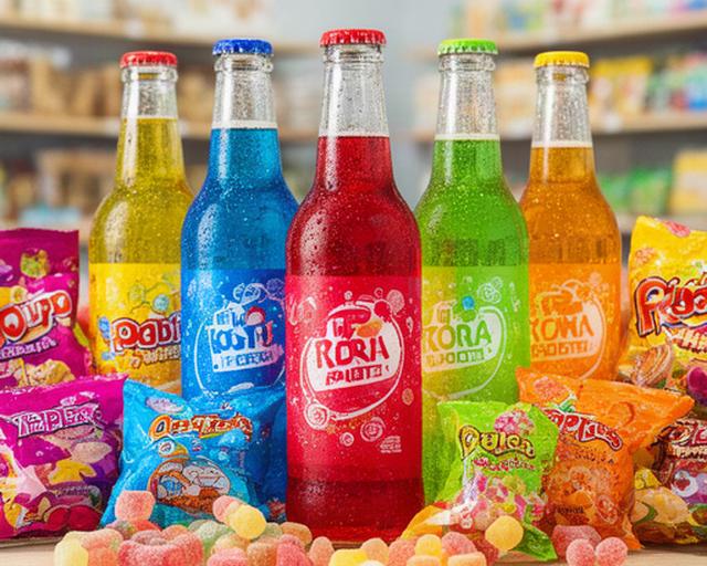 Bright imported soda bottles arranged with candy bags in a local Wigan sweets shop
