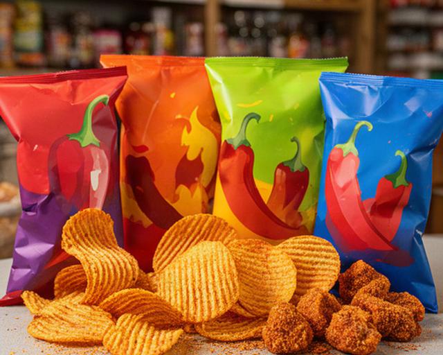 Open packets of unusual imported crisps and spicy snacks displayed for shoppers in Wigan