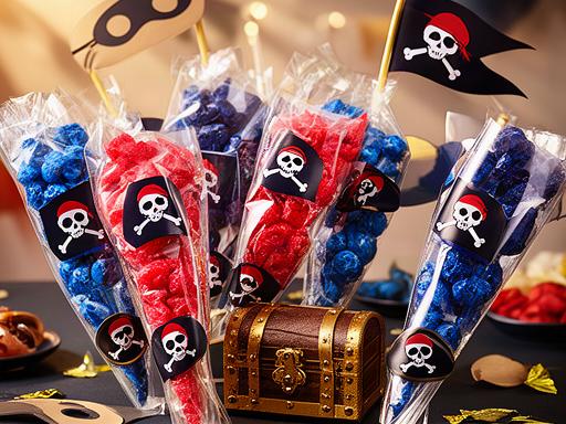 Pirate-themed sweet cones with red and blue treats for a birthday party
