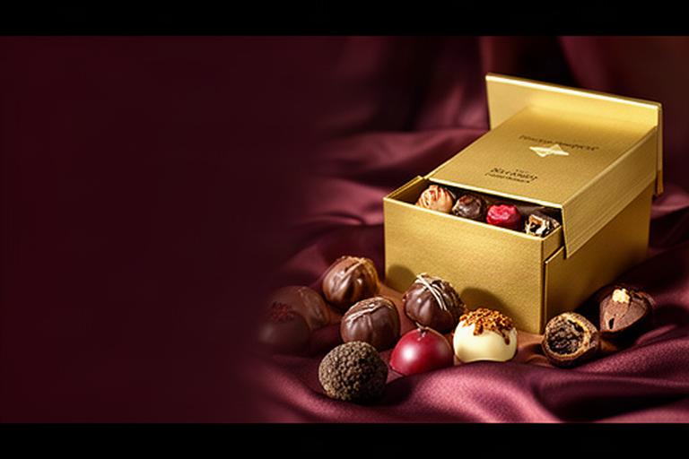 Glossy Belgian truffles arranged on deep burgundy silk beside a gold gift box