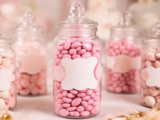 Princess pink personalised sweet jars displayed at a party table