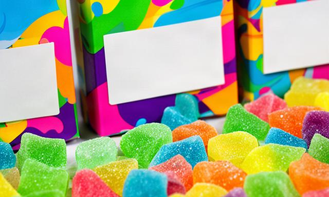 American sour candy pieces and bright boxed sweets displayed together on a shop table