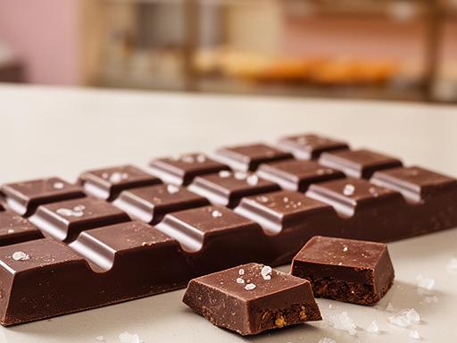 Belgian chocolate sea salt bar broken into neat squares on a shop counter