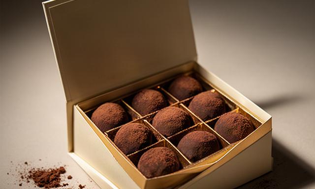Box of dark chocolate truffles with cocoa dusting on a neutral tabletop