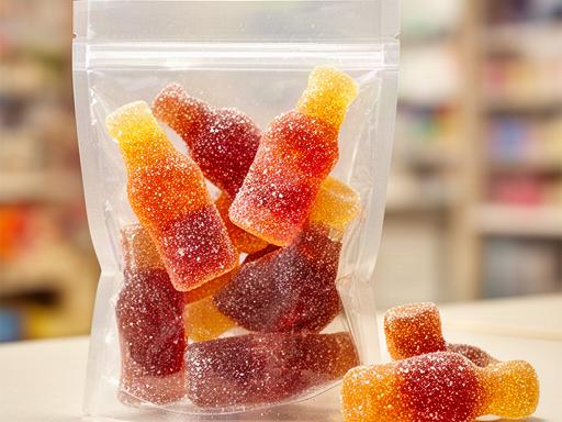 Bright fizzy cola bottle sweets in a clear pouch