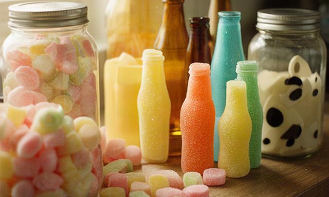 Retro sherbet sweets and fizzy bottles arranged beside vintage-style sweet jars