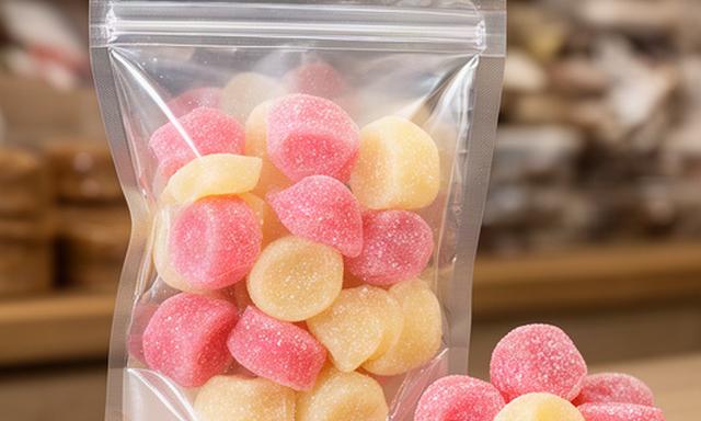 Rhubarb and custard boiled sweets in a clear pouch on a confectionery counter