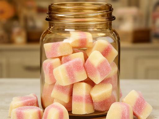 Retro rhubarb and custard boiled sweets displayed in a glass jar