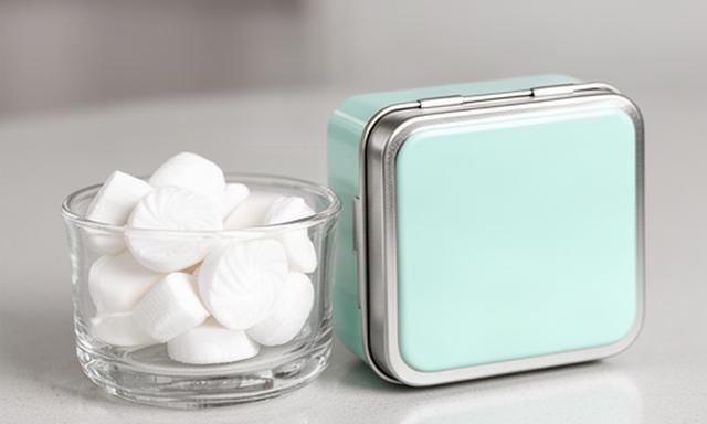 Sugar-free mint sweets in a labelled tin beside a small glass dish