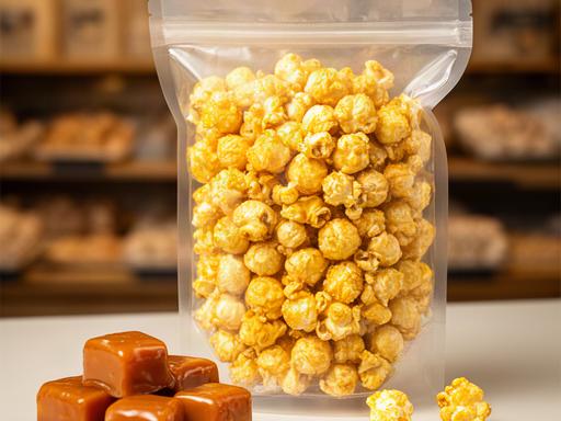 Premium toffee popcorn in a sealed snack pouch beside caramel pieces