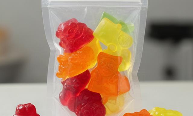 Vegan fruit jelly sweets in red, orange and yellow colours inside a clear pouch