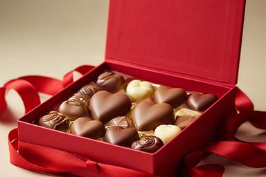 Heart-shaped milk chocolates in a red presentation box with ribbon