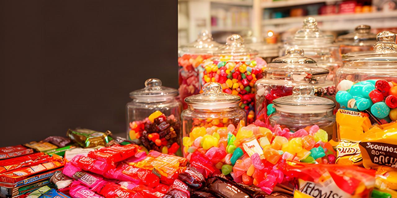 Colourful jars of sweets, chocolate bars and savoury snacks arranged on a shop counter in Wigan