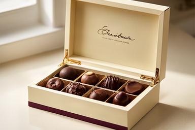 Open signature truffle box showing glossy Belgian chocolates on a cream counter