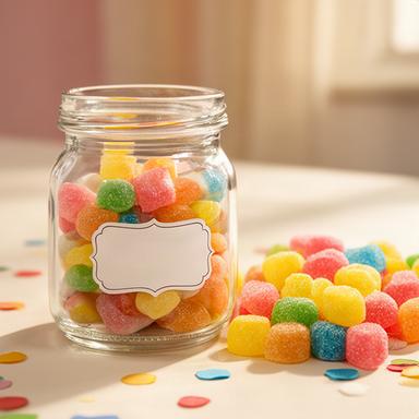 Small personalised sweet jar with a birthday name label beside colourful sweets