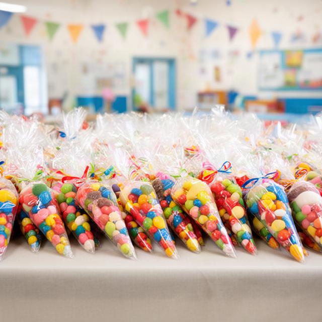Colourful sweet cones arranged on a table for a Wigan school celebration