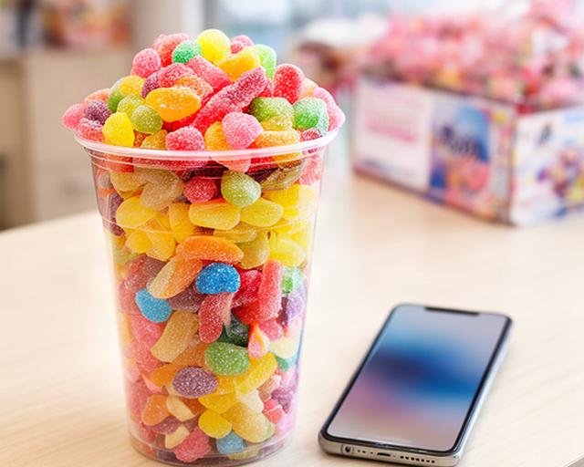 Colourful imported sweets in a clear cup beside a phone on a Wigan shop counter