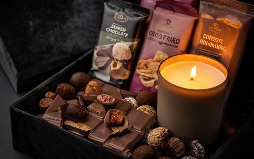 Velvet evening hamper with truffles, chocolate bars and a candle arranged in a dark gift box
