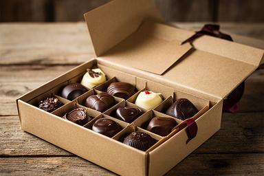 Vintage-style chocolate assortment in a kraft presentation box on a wooden table