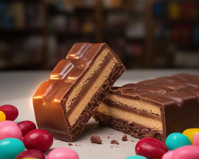 A glossy imported chocolate bar broken open beside colourful sweets in a Wigan sweet shop