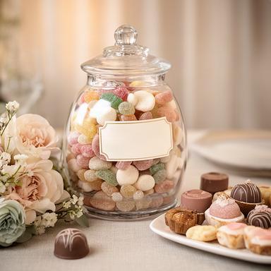 Large personalised sweet jar used as a wedding table favour with a printed date label