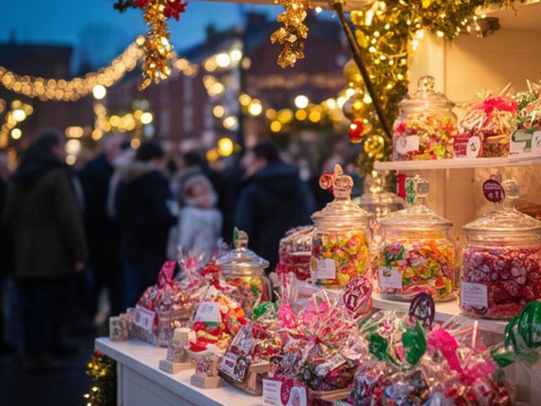 Varley & Vickers Treats sweets stall beside festive lights at a Wigan Christmas switch-on