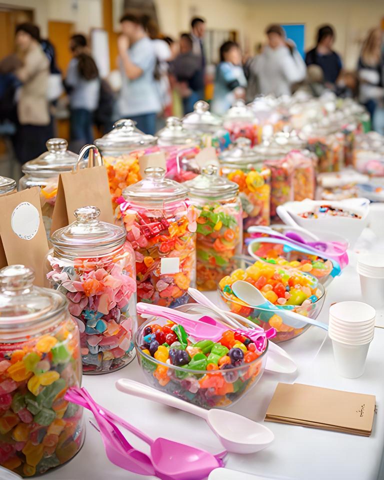 Colourful sweet jars arranged at a school fayre supported by Varley & Vickers Treats in Wigan