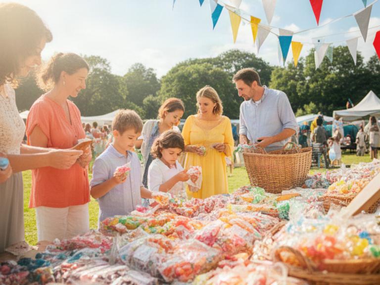 Families choosing packaged sweets at a sunny Wigan summer community event