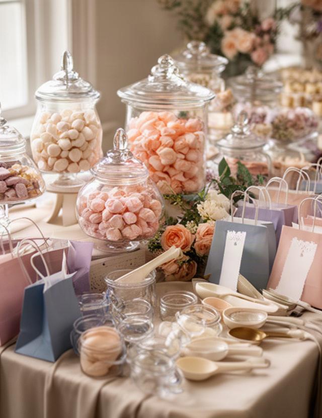 Wedding sweet table with glass jars, pastel sweets and matching favour bags